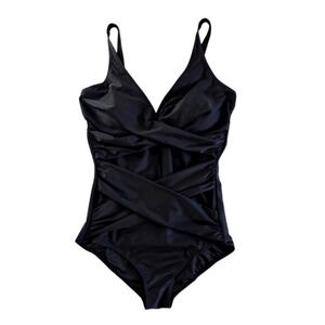 Smismivo Womens Black Ruched Tummy Control One Piece Swimsuit Size Large